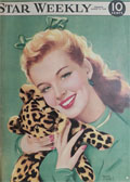 1949 Star Weekly Cover ~ Woman with Stuffed Leopard Toy