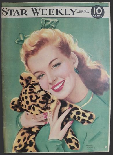 1949 Star Weekly Cover ~ Woman with Stuffed Leopard Toy