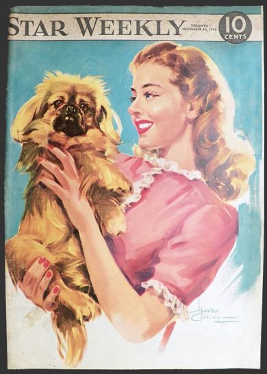 1946 Star Weekly Cover ~ Woman with Pekingese Dog