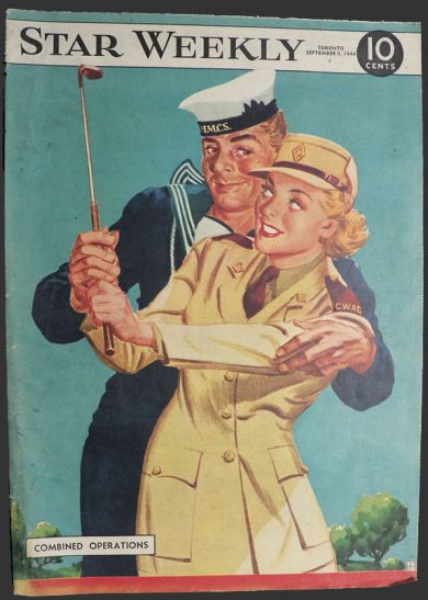 1944 Star Weekly Cover ~ Sailor Helps Army Gal with Golf Swing