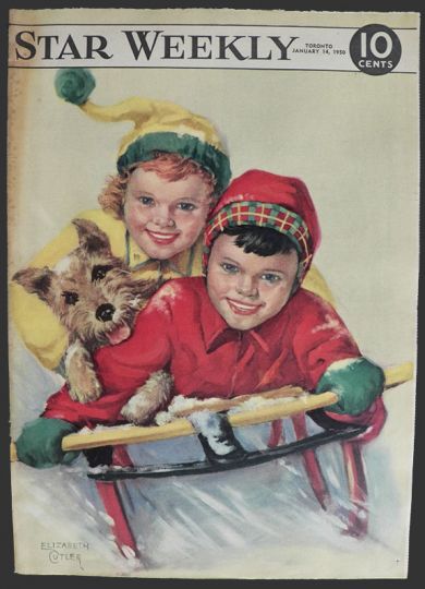 1950 Star Weekly Cover ~ Kids on Sled with Dog