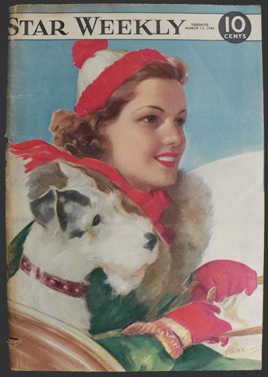 1948 Star Weekly Cover ~ Woman on Sleigh with Dog