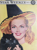 1949 Star Weekly Cover ~ Woman in Witch Hat with Black Cat