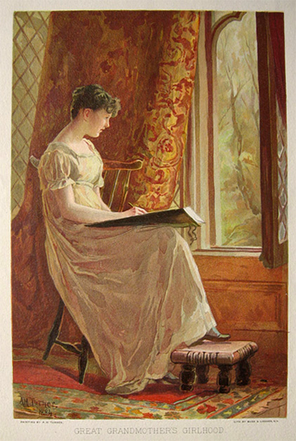 1884 Young Woman Sits by Window & Writes ~ Alfred M. Turner Antique Color Print