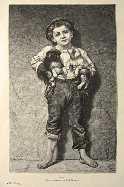1882 Boy Holds Puppies ~ J.G. Brown Antique Engraving Print