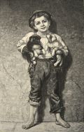 1882 Boy Holds Puppies ~ J.G. Brown Antique Engraving Print