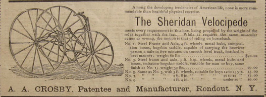 1879 Sheridan Velocipede Antique Bicycle Ad ~ Rondout, NY