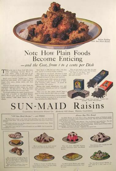 1918 Sunmaid Raisins Ad ~ Indian Pudding
