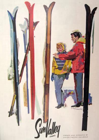 1957 Sun Valley, Idaho Ad ~ Couple with Skis