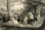 Children Gather to Play on Swing ~ Antique Print
