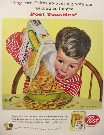 1958 Post Toasties Ad ~ Adorable Dick Sargent Art