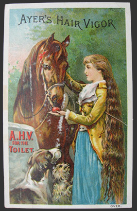 Ayer's Hair Vigor Trade Card ~ Girl with Horse & Dogs