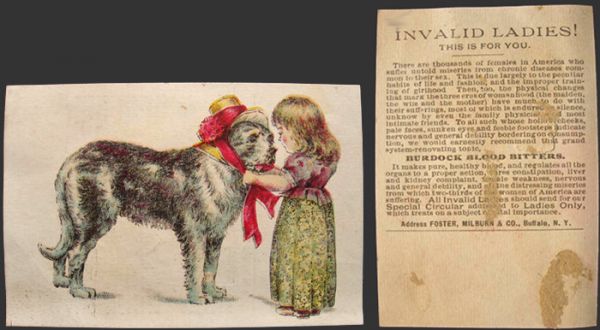Burdock Blood Bitters Trade Card ~ Child Puts Hat on Dog