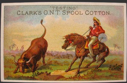 Clark's ONT Spool Cotton Trade Card ~ Man Lassos Bull