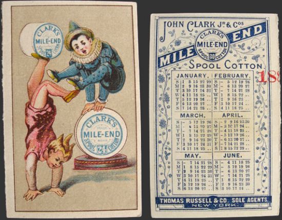 Clark's Mile End Cotton Trade Card/Calendar ~ Circus Performers