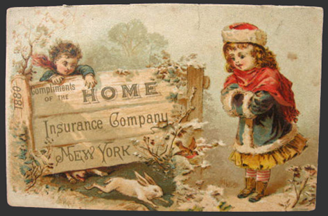 1880 Home Insurance Trade Card ~ Children & Bunny