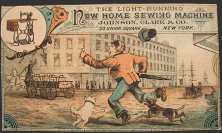 New Home Sewing Machine Trade Card ~ Man Chases Cart
