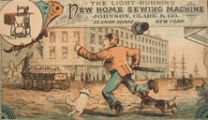 New Home Sewing Machine Trade Card ~ Man Chases Cart