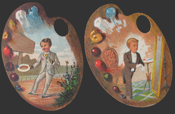 AJ Nutting Men's Clothing, Brooklyn Trade Card ~ Lot of 2, Paint Palettes