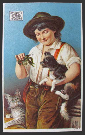 James Pyles' Pearline Trade Card ~ Boy with Dog, Cat, Crawfish