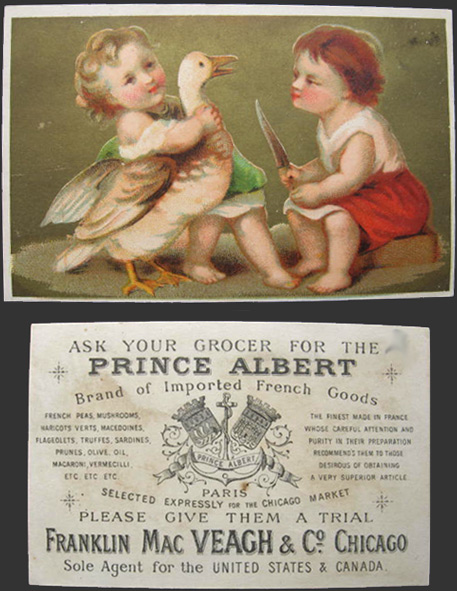 Prince Albert Groceries Trade Card ~ Macabre Kids with Knife & Goose