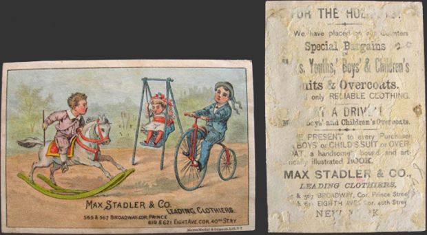 Max Stadler Clothing Trade Card ~ Kids on Rocking Horse, Old Bike