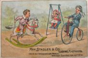Max Stadler Clothing Trade Card ~ Kids on Rocking Horse, Old Bike