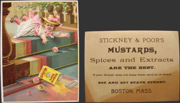 Stickney & Poor's Mustard Trade Card ~ Child Trips on Stairs