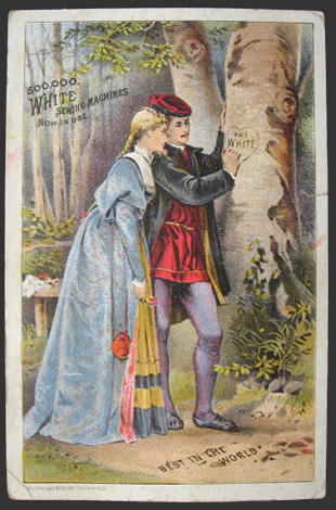 White Sewing Machine Trade Card ~ Young Lovers Carve Tree
