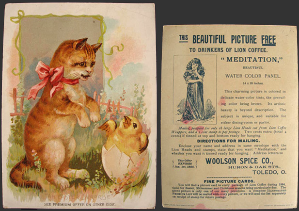Lion Coffee Woolson Spice Large Trade Card ~ Hatched Chick & Cat