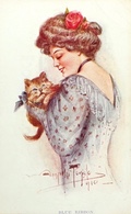 Woman Holds A Cat Vintage Postcard ~ Signed Ampelio Toniolo ~ Blue Ribbon