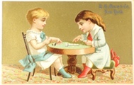 Antique Trade Card ~ R.H. Macy ~ Kids Play Dominoes