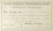 1880 Young Peoples Temperance Membership Card ~ ID'd Salem MA