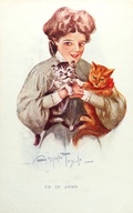 Woman Holds Two Cats Vintage Postcard ~ Signed Ampelio Toniolo ~ Up In Arms