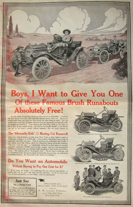 1911 Free Brush Runabout Automobile For Boys Ad