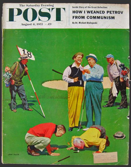 1955 Saturday Evening Post Cover ~ Golfers at 18th Hole