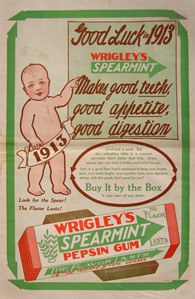 1913 Large Wrigley's Spearmint Gum Ad ~ New Year Baby