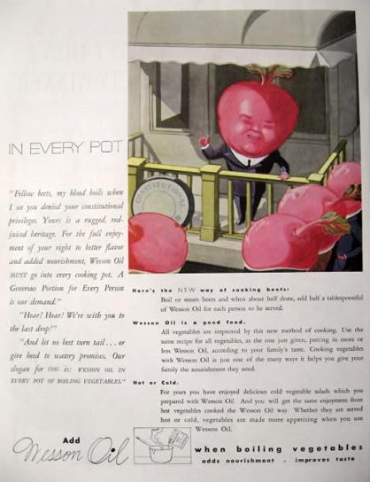 1936 Wesson Oil Ad ~ Beets, Beet Head Men