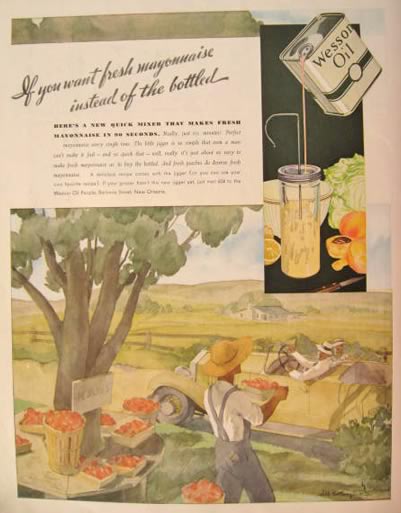 1934 Wesson Oil Ad ~ Peaches, Fruit Stand ~ Will Hollingsworth